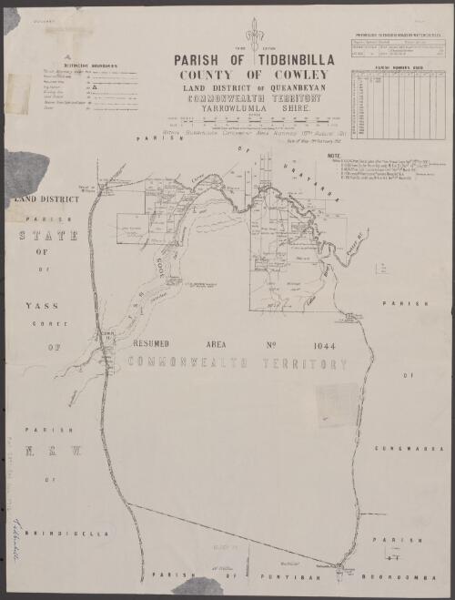 Parish of Tidbinbilla, County of Cowley [cartographic material] : Land District of Queanbeyan, Commonwealth Territory, Yarrowlumla Shire / compiled, drawn and printed at the Dept. of Lands, Sydney N.S.W