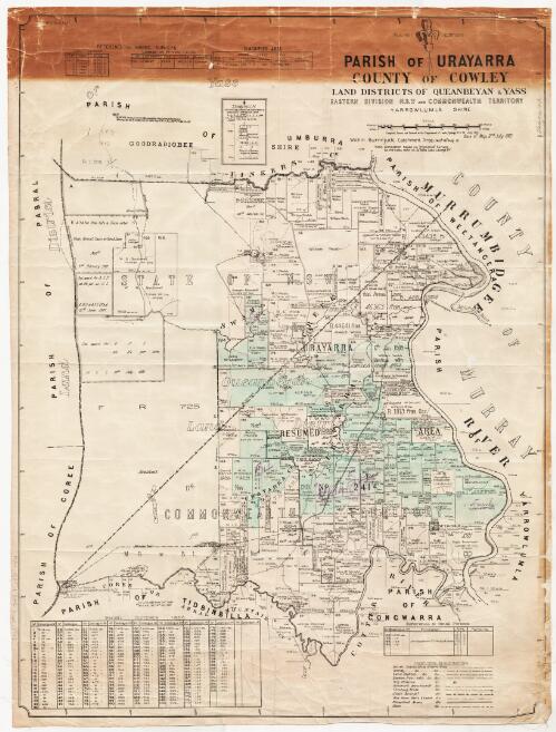 Parish of Urayarra, County of Cowley [cartographic material] : Land Districts of Queanbeyan & Yass, Eastern Division and Commonwealth Territory, Yarrowlumla Shire / compiled, drawn and printed at the Dept. of Lands, Sydney N.S.W
