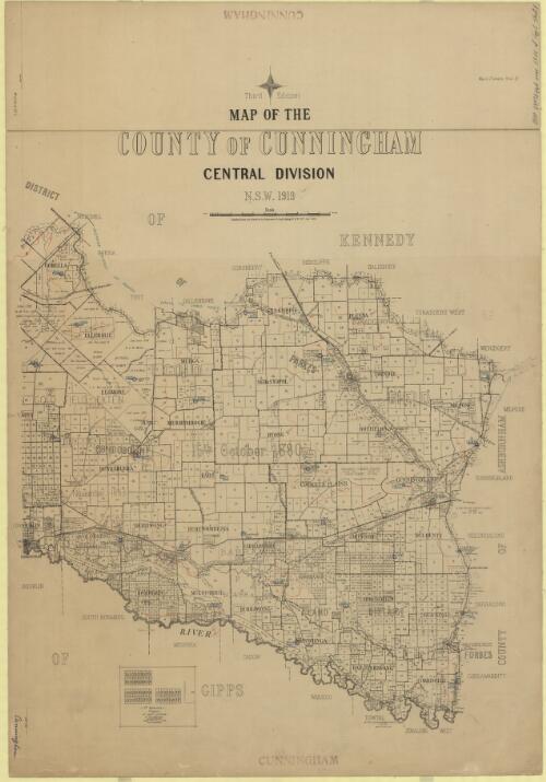 Map of the County of Cunningham [cartographic material] : Central Division, N.S.W., 1919 / compiled, drawn and printed at the Department of Lands