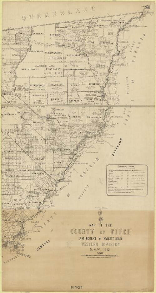 Map of the County of Finch [cartographic material] : Land District of Walgett North, Western Division, N.S.W. 1912 / compiled, drawn and printed at the Department of Lands, Sydney N.S.W ; [cartography by] J.E.H. Kennedy