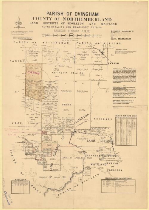 Parish of Ovingham, County of Northumberland [cartographic material] : Land Districts of Singleton and Maitland, Patrick Plains and Kearsley Shires, Eastern Division N.S.W. / compiled, drawn and printed at the Department of Lands, Sydney, N.S.W