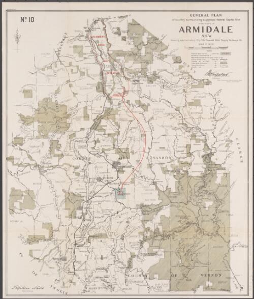 General plan of country surrounding suggested Federal Capital site in the locality of Armidale, N.S.W. No. 10 [cartographic material] : shewing approximately city site, proposed water supply, railways &c / compiled, drawn and printed at the Department of Lands, Sydney, N.S.W. ; Jno Kirkpatrick, Chairman, Royal Commission Federal Capital Sites, Sydney June 1903