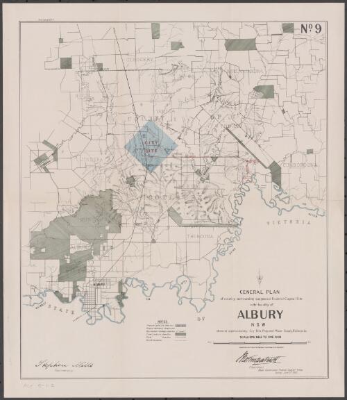 General plan of country surrounding suggested Federal Capital site in the locality of Albury, N.S.W. No. 9 [cartographic material] : shewing approximately city site, proposed water supply, railways &c / compiled, drawn and printed at the Department of Lands, Sydney, N.S.W. ; Jno Kirkpatrick, Chairman, Royal Commission Federal Capital Sites, Sydney June 1903