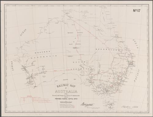 Railway map of Australia shewing present and prospective means of communication with the proposed Federal Capital sites. No. 17 [cartographic material] : compiled drawn and printed at the Department of Lands, Sydney, N.S.W. ; Jno Kirkpatrick, Chairman, Royal Commission Federal Capital Sites, Sydney June 1903