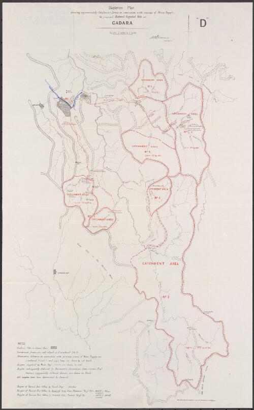 Skeleton plan, shewing approximately catchment area in connection with sources of water supply for proposed Federal Capital site at Gadara. "D" [cartographic material] / A.H. Chesterman ; photo-lithographed at the Department of Lands and Survey, Melbourne by T.F. McGauran 29.6.04