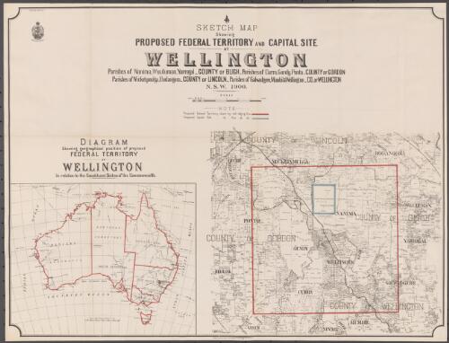 Sketch map showing proposed Federal Territory and capital site at Wellington [cartographic material] : Parishes of Nanima, Wuuluman, Yarragal, County of Bligh ; Parishes of Curra, Gundy, Ponto, County of Gordon ; Parishes of Mickety Mulga, Bodangora, County of Lincoln ; Parishes of Galwadgere, Mumbil, Wellington, Co. of Wellington / compiled, drawn and printed at the Department of Lands, Sydney N.S.W