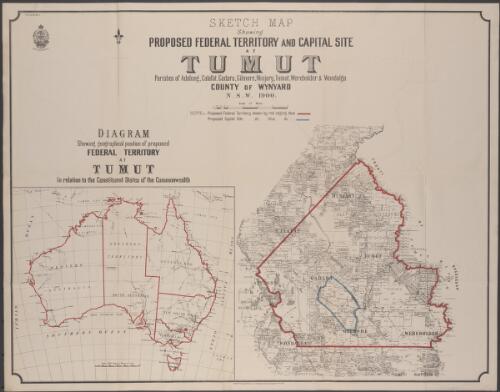 Sketch map showing proposed Federal Territory and capital site at Tumut [cartographic material] : Parishes of Adelong, Calafat, Gadara, Gilmore, Minjary, Tumut, Werebolder & Wondalga, County of Wynyard N.S.W., 1900 / compiled, drawn and printed at the Department of Lands, Sydney N.S.W