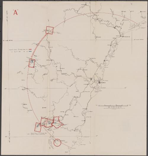 [Plan showing 100 mile radial limit from City of Sydney] "A" [cartographic material] / compiled, drawn and printed at the Department of Lands, Sydney N.S.W