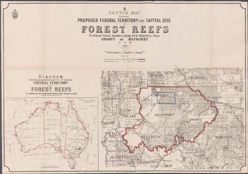 Sketch map showing proposed Federal Territory and capital site at Forest Reefs [cartographic material] : Parishes of Calvert, Beaufort, Lindsay, Errol, Belubula & Blake, County of Bathurst N.S.W. 1900 / compiled, drawn and printed at the Department of Lands, Sydney N.S.W