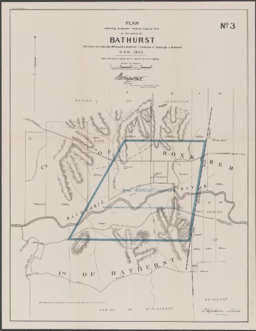 Plan shewing proposed Federal Capital site in the locality of Bathurst. No. 3 [cartographic material] : Parishes of Jedburgh, Mt. Pleasant & Bathurst, Counties of Roxburgh & Bathurst, N.S.W. 1903 / compiled, drawn and printed at the Department of Lands, Sydney, N.S.W. ; Jno Kirkpatrick, Chairman, Royal Commission Federal Capital Sites, Sydney June 1903