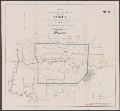 Plan shewing proposed Federal Capital site in the locality of Tumut. No. 8 [cartographic material] : Parish of Blowering & Mundongo, County of Buccleuch, N.S.W. 1903 / compiled drawn and printed at the Department of Lands, Sydney, N.S.W. ; Jno Kirkpatrick, Chairman, Royal Commission Federal Capital Sites, Sydney June 1903