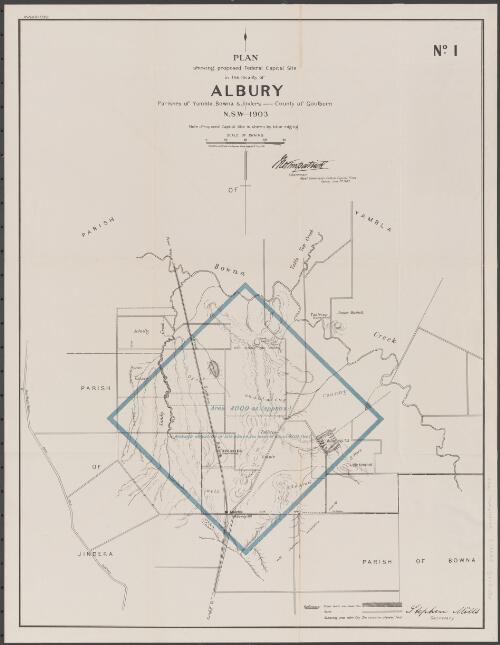 Plan shewing proposed Federal Capital site in the locality of Albury. No. 1 [cartographic material] : Parishes of Yambla, Bowna and Jindera, county of Goulburn, N.S.W. 1903 / compiled drawn and printed at the Department of Lands, Sydney, N.S.W. ; Jno Kirkpatrick, Chairman, Royal Commission Federal Capital Sites, Sydney June 1903
