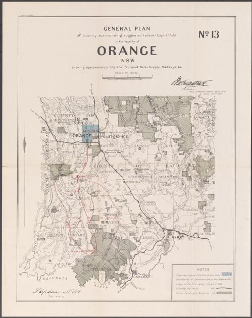 General plan of country surrounding suggested Federal Capital site in the locality of Orange, N.S.W. No.13 [cartographic material] : shewing approximately city site, proposed water supply, railways, &c. / compiled, drawn and printed at the Department of Lands, Sydney, N.S.W. ; Jno. Kirkpatrick, Chairman, Royal Commission Federal Capital Sites, Sydney June 1903