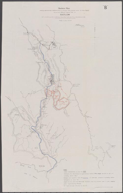 Skeleton plan shewing approximately catchment areas in connection with primary source of water supply for proposed Federal Capital site at Batlow. "B" [cartographic material] : and also route inspected for railway connection to site and thence to the Victorian border / A.H. Chesterman ; photo-lithographed at the Department of Lands and Survey, Melbourne by T.F. McGauran 29.6.04