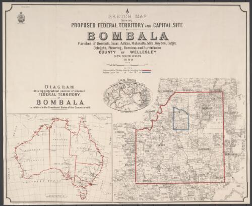 Sketch map showing proposed Federal Territory and capital site at Bombala [cartographic material] : Parishes of Bombala, Gecar, Ashton, Maharatta, Mila, Hayden, Gulgin, Delegete, Pickering, Burnima and Burrimbucco, County of Wellesley, New South Wales 1900 / compiled, drawn and printed at the Department of Lands, Sydney N.S.W