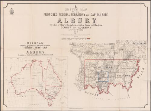 Sketch map showing proposed Federal Territory and capital site at Albury [cartographic material] : Parishes of Albury, Mungabarina, Jindera, Bowna and Thurgona, County of Goulburn, New South Wales 1900 / compiled, drawn and printed at the Department of Lands, Sydney N.S.W