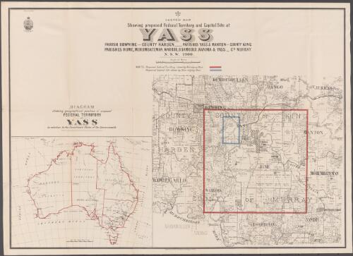 Sketch map shewing proposed Federal Territory and capital site at Yass [cartographic material] : Parishes of Bowning, County Harden ; Parishes Yass & Manton, County King ; Parishes Hume, Morumbateman, Warroo, Boambolo, Nanima & Yass, Co. of Murray, N.S.W., 1900 / compiled, drawn and printed at the Department of Lands, Sydney N.S.W