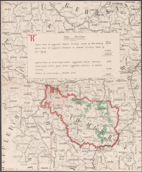Yass Territory "R" [cartographic material] : approx. area of suggested extension to Federal Territory ... / compiled, drawn and printed at the Department of Lands, Sydney N.S.W