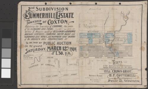 2nd subdivision Summerhill Estate, township of Coxton [cartographic material] : adjoining the township of Corrimal, the centre of the Illawarra coal fields, within five minutes walk of the Bellambi & Corrimal Railway Stations ; Corrimal, south Bulli and Woonona coal mines, and Mammoth Coke Works of the Broken Hill Proprietary Co. to be sold by public auction on the ground Saturday, March 12th 1904 at 1.30 p.m. under instructions from the executors of the late Dr. Cox / H.F. Cotterell, auctioneer, Bulli & Woonona