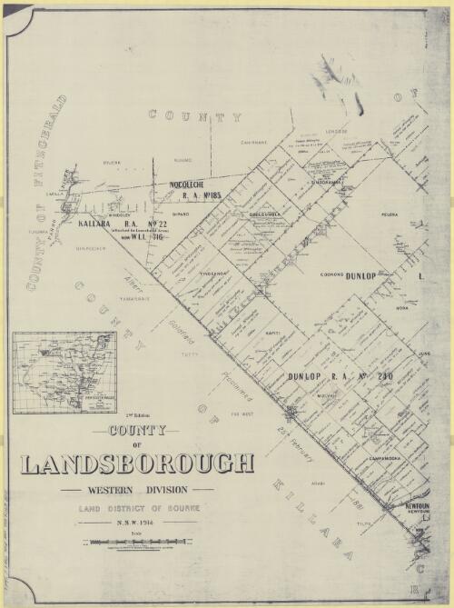 County of Landsborough, Western Division, Land District of Bourke, N.S.W. 1914 [cartographic material]  / compiled, drawn and printed at the Department of Lands, Sydney N.S.W. ; compiled and drawn by T.W. Foster