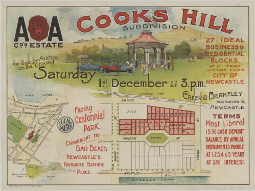 Cooks Hill Subdivision [cartographic material] : AA Co's. estate : 27 ideal business & residential blocks, at 1D. tram section from City of Newcastle / for sale by auction on the ground, Saturday, 1st December 1917 at 3 p.m. ; Creer & Berkeley, auctioneers, Newcastle