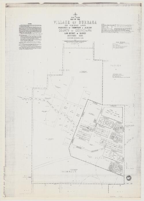 Map of the village of Burraga and suburban lands [cartographic material] : Parish of Thompson & Jeremy, County of Georgiana, Land District of Blaney, Abercrombie Shire, Eastern Division N.S.W. / compiled, drawn and printed at the Department of Lands, Sydney N.S.W