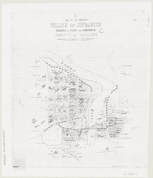 Map of the private village of Jindabyne [cartographic material] : Parishes of Clyde and Jinderboine, County of Wallace / compiled by A.M. McNaught, authorised draftsman
