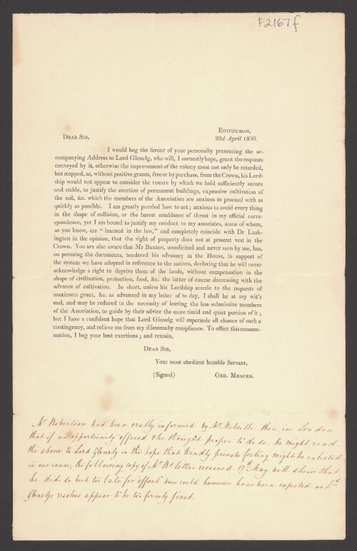 Copy letter [from] George Mercer, Esq. to David Robertson, Esq. dated 23d. of April 1836