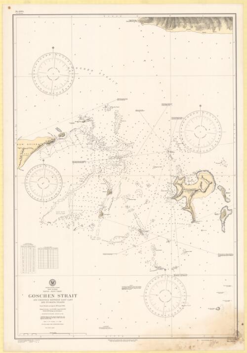 Goschen Strait and channels between East Cape and Nuakata Island, Papua, east coast, New Guinea, South Pacific Ocean [cartographic material] : from British surveys in 1874 and 1885 / Hydrographic Office, U.S. Navy