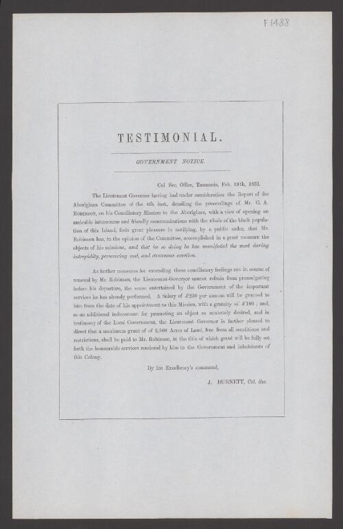 Testimonial : government notice ... / J. Burnett