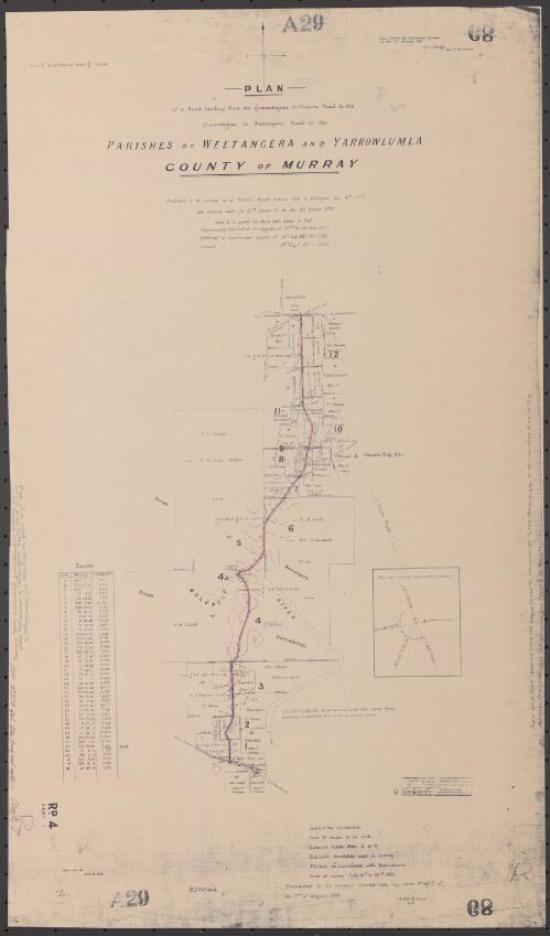 Plan of a road leading from the Queanbeyan to Uriarra Road to the Queanbeyan to Weetangera Road in the Parishes of Weetangera and Yarrowlumla, County of Murray [cartographic material] / transmitted to the Surveyor General ... 2nd of August 1884, W.H.O'M. Wood, G.S