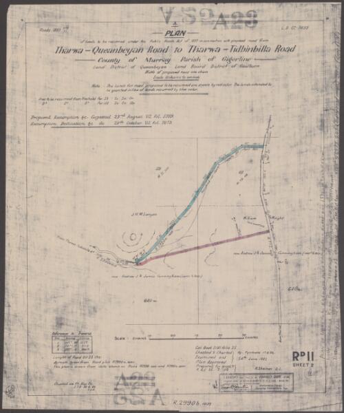 Plan of lands to be resumed under the Public Roads Act of 1897 in connection with proposed road from Tharwa-Queanbeyan Road to Tharwa-Tinbinbilla Road [cartographic material] : County of Murray, Parish of Gigerline, Land District of Queanbeyan, Land Board District of Goulburn