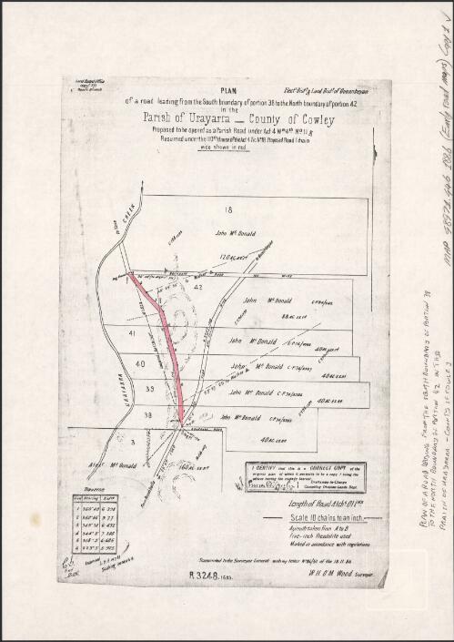 Plan of a road leading from the south boundary of portion 38 to the north boundary of portion 42 in the Parish of Urayarra, County of Cowley [cartographic material] / transmitted to the Surveyor General with my letter no. 86/51 of the 18.11.86, W.H. O'M. Wood, surveyor