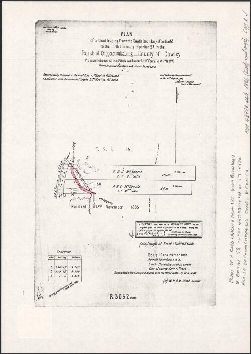 Plan of a road leading from the south boundary of portion 58 to the north boundary of portion 57 in the Parish of Cuppacumbalong, County of Cowley [cartographic material] / transmitted to the Surveyor-General with my letter no. 86-17 of 16.4.86, sd. W.H. O'M. Wood, surveyor