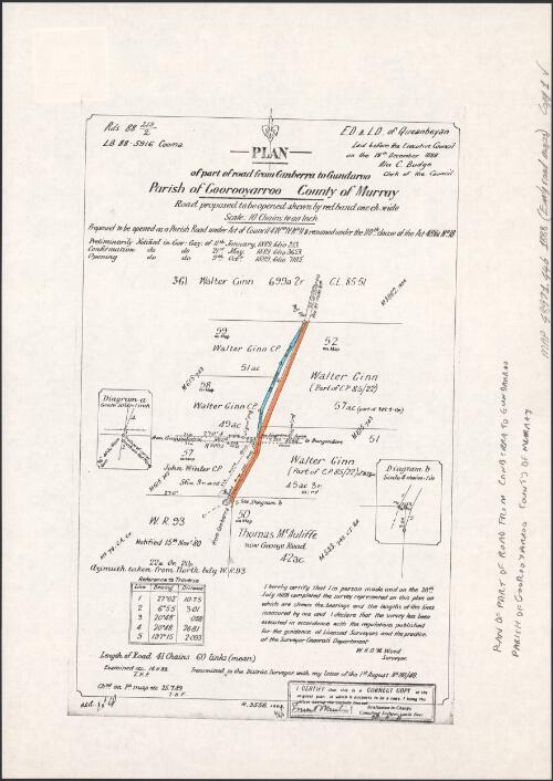 Plan of part of road from Canberra to Gundaroo, Parish of Goorooyarroo, County of Murray [cartographic material] / transmitted to the District Surveyor with my letter of the 1st. August no. 88/48, W.H.O'M. Wood, surveyor