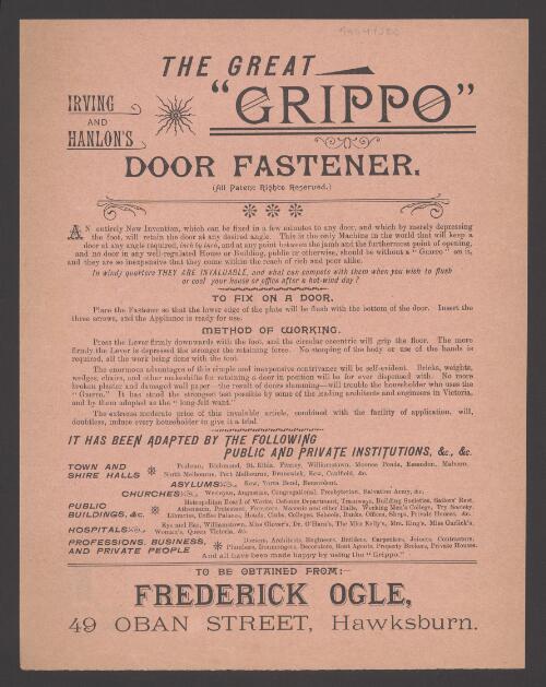 The Great Grippo : Irving and Hanlon's door fastener (all patent rights reserved)