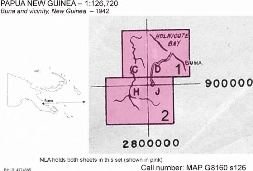 Buna and vicinity, New Guinea [cartographic material] / prepared under the direction of the Chief Engineer, USASOS, compiled from tri-metrogon aerial photographs by Base Map Plant SWPA, August, 1942