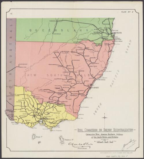 Comparative map, showing railway systems of New South Wales and Victoria [cartographic material] / Royal Commission on Railway Decentralisation