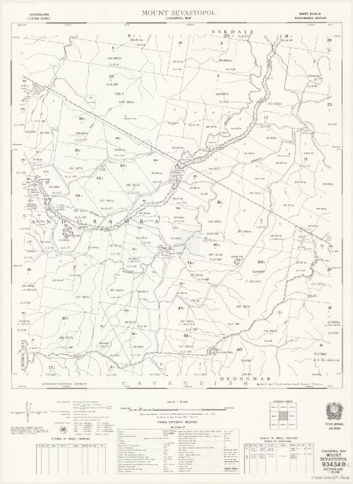 Queensland 1:25 000 series cadastral map. 93434 B, Mount Sevastopol [cartographic material] / drawn and published at the Survey Office, Department of Lands