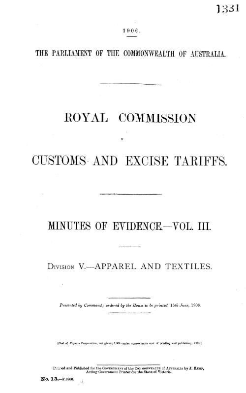 Minutes of evidence. Vol. III / Royal Commission on Customs and Excise Tariffs