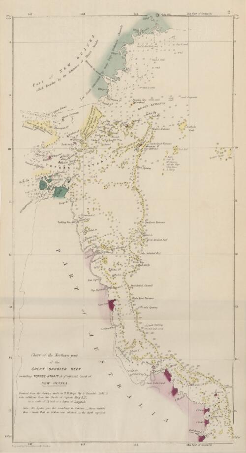 Chart of the northern part of the Great Barrier Reef including Torres Strait, & ye. adjacent coast of New Guinea [cartographic material] : reduced from the surveys made in H.M. Ships Fly & Bramble 1842.5 with additions from the charts of Captain King, R.N. to a scale of 1 7/8 inch to a degree of longitude / engraved by I. Dower