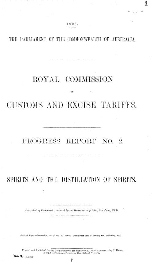 Progress report no. 2. : spirits and the distillation of spirits. / Royal Commission on Customs and Excise Tariffs