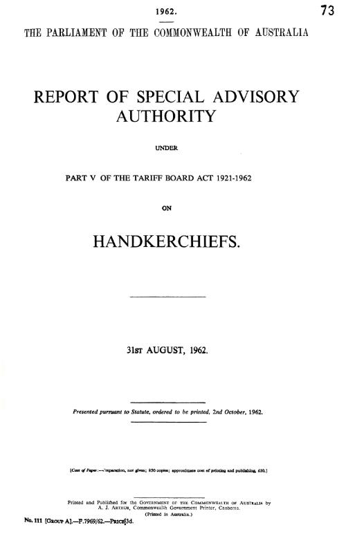 Report ... under Part V of the Tariff board act, 1921-1962, on handkerchiefs. 31 August, 1962