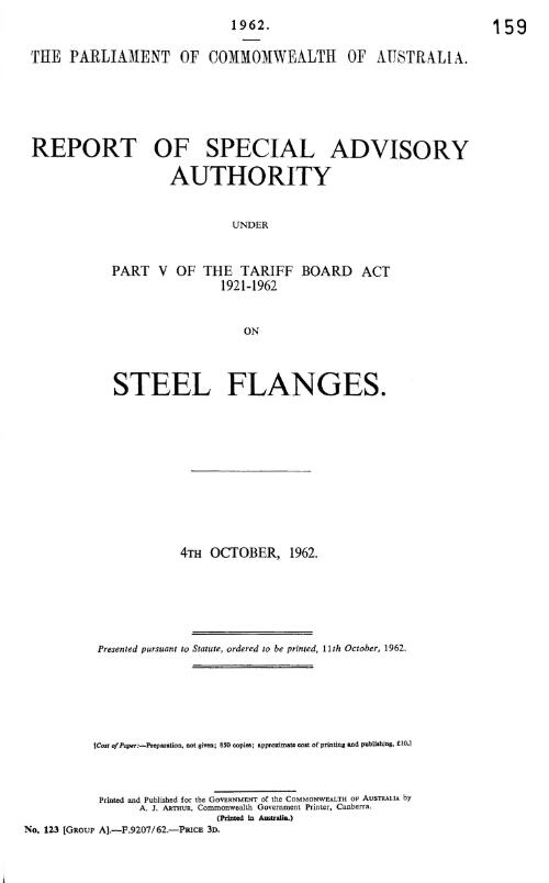 Report of Special Advisory Authority under part V of the Tariff Board Act 1921-1962 on steel flanges, 4th October, 1962