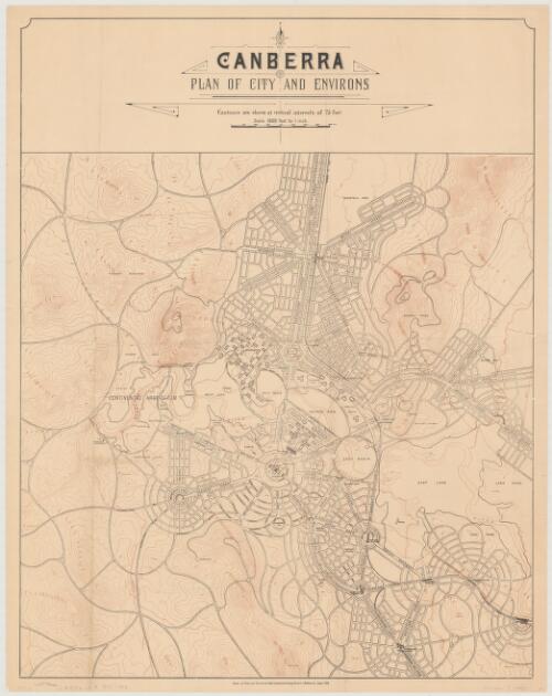 Canberra, plan of city and environs [cartographic material] / drawn by Home and Territories Dept., Lands and Survey Branch, Melbourne