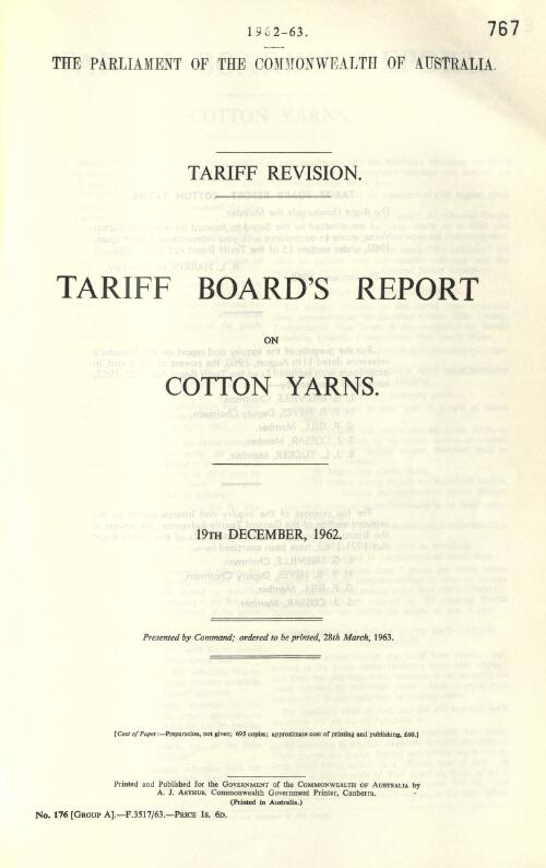 Tariff revision : Tariff Board's report on cotton yarns, 19th December, 1962