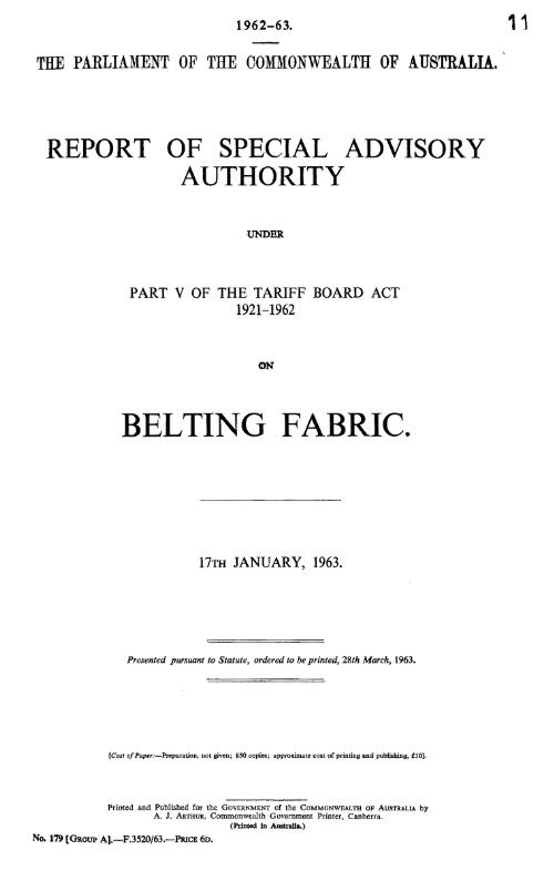 Report of Special Advisory Authority under Part V of the Tariff Board Act 1921-1962 on belting fabric, 17th January, 1963
