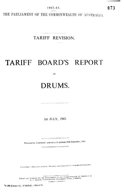 Tariff revision : Tariff Board's report on drums. 1st July, 1963