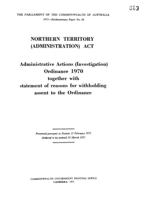 Administrative Actions (Investigation) Ordinance, 1970 : together with statement of reasons for withholding assent to the ordinance
