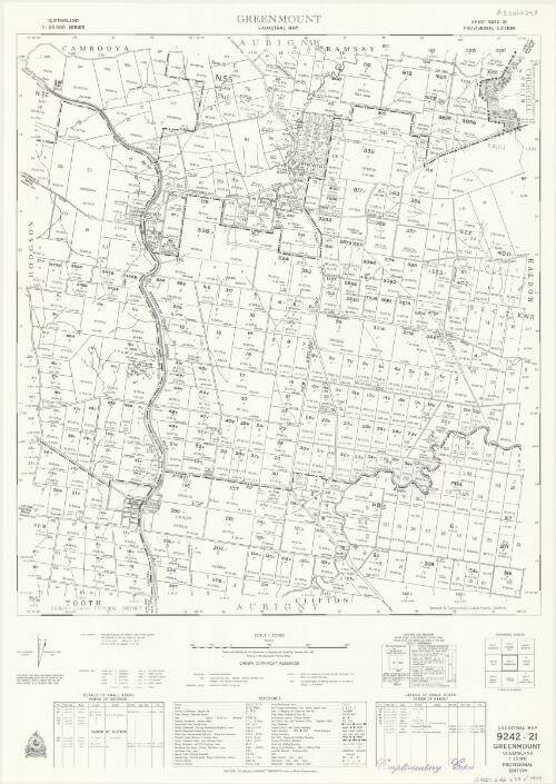 Queensland 1:25 000 series cadastral map. 9242-21, Greenmount [cartographic material] / Drawn and published by the Department of Mapping and Surveying, Brisbane